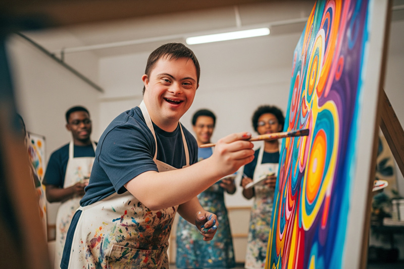 Junger Mann mit Behinderung Ein junger Mann mit Behinderung malt ein Bild, im Hintergrund ist ein Gruppe zu sehen