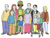 Eine Gruppe von Menschen mit unterschiedlicher Herkunft, manche haben eine Behinderung.