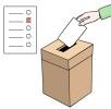 Eine Person hält einen zusammengefalteten Wahlzettle in der Hand und steckt ihn in die Wahlurne.