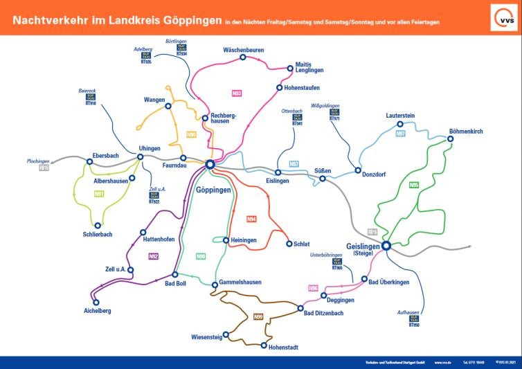 Ein Plan der Nachtbuslinien im Landkreis Göppingen