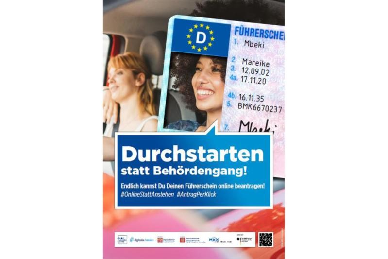 Symbolbild für den digitalen Führerscheinantrag mit folgendem Text: Durchstarten statt Behördengang