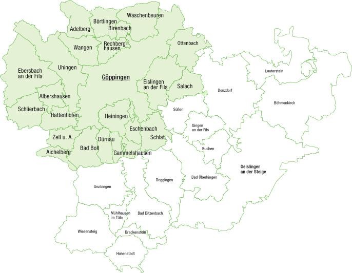 Karte der Landkreises mit allen Gemeinden, westlicher Teil des Landkreises grün hervorgehoben