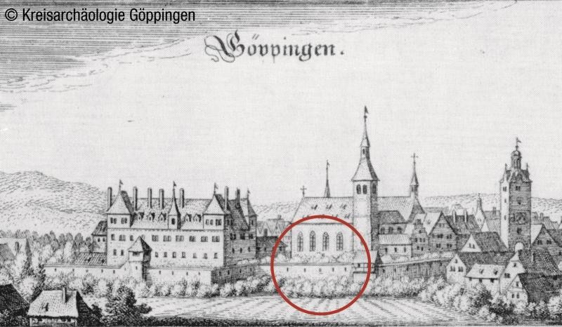 Historische Göppinger Stadtansicht nach Matthäus Merian (1643), markiert ist die Lage der Grabungsstelle (Abbildung: Kreisarchäologie Göppingen)