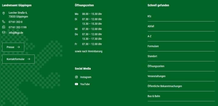 großer Infokasten mit Adresse, Öffnungszeiten und oft gesuchten Themen