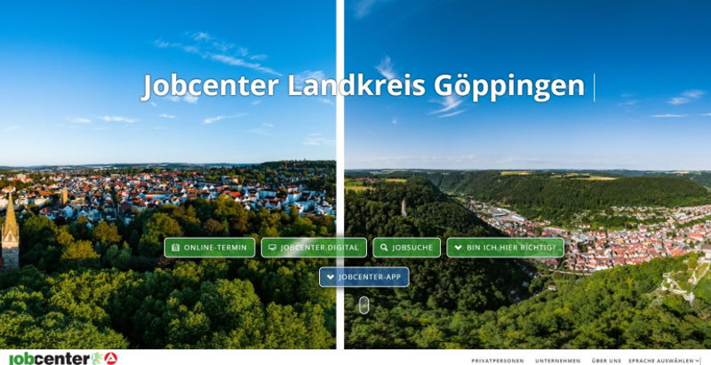 Abbildung der Homepage mit 2 Landschaftsbildern des Landkreises mit mehreren Buttons 