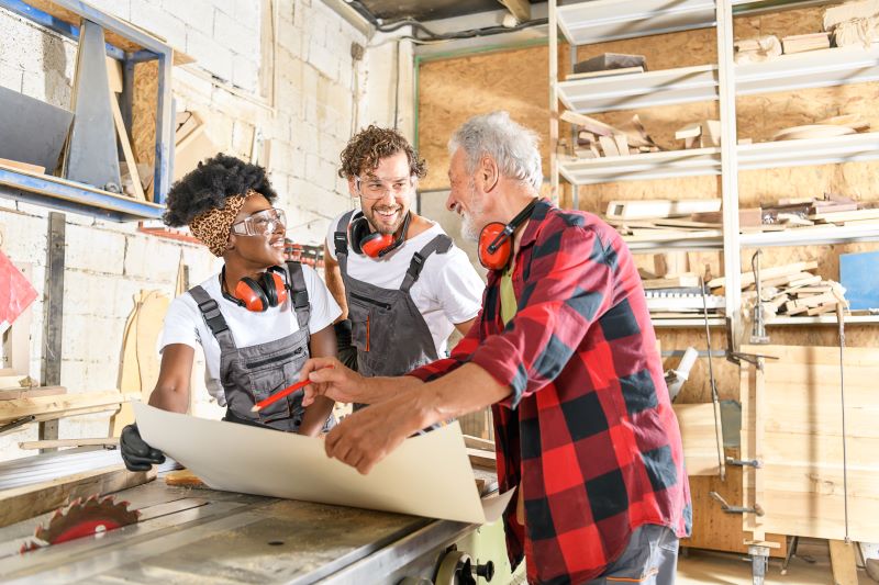 Ausbilder mit zwei Auszubildenden in einer Holzwerkstatt beim Betrachten von Plänen Ausbilder mit zwei Auszubildenden in einer Holzwerkstatt beim Betrachten von Plänen (Quelle: Pixabay)