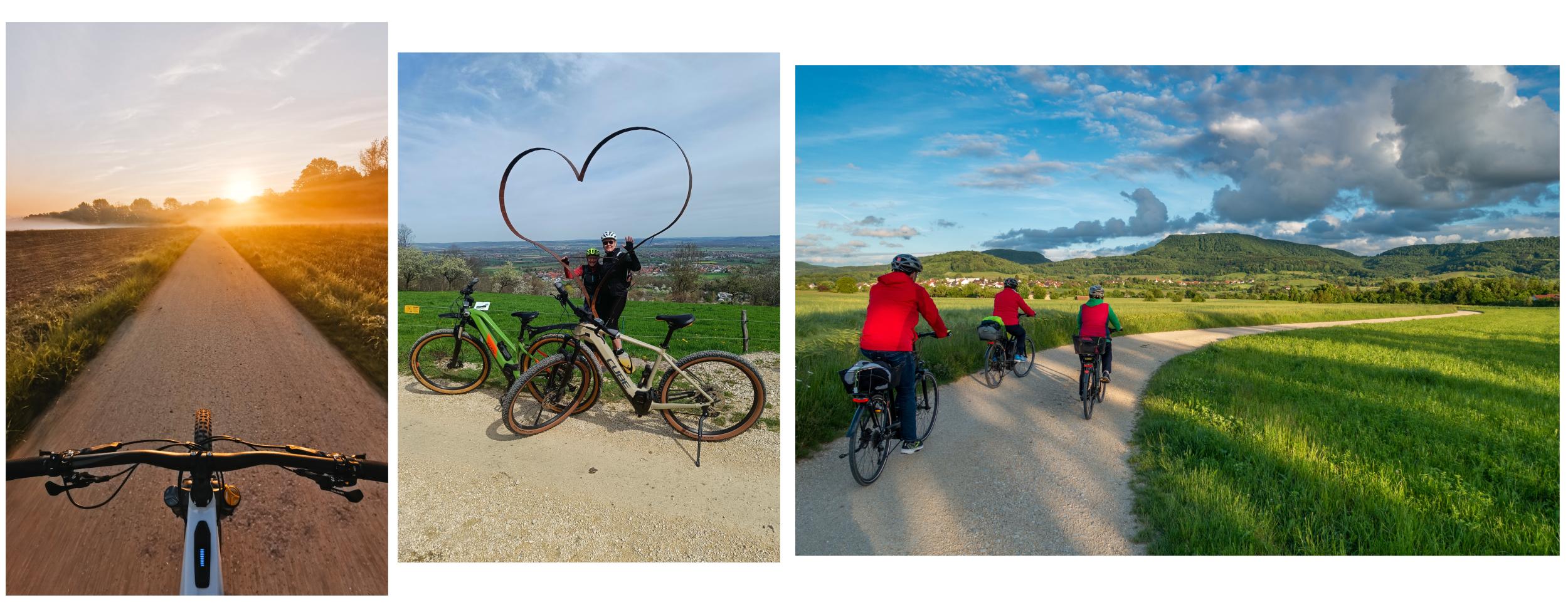 Ein Fahrrad vor einem Sonnenaufgang, zwei Personen mit Fahrrädern vor einem Herz, Drei Fahrradfahrer in schöner Landschaft 