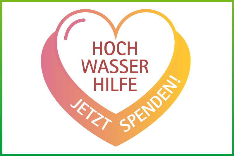 Das Logo der gemeinschaftlichen Spendenaktion: Ein Herz mit dem Titel "Hochwasser-Hilfe". Darunter der Aufruf: "Jetzt Spenden!"