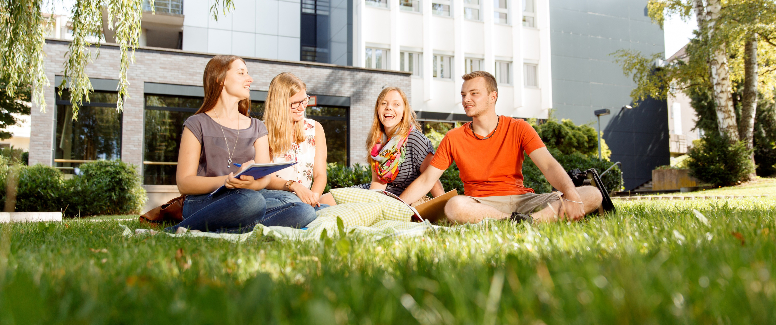 Jugendliche sitzen auf einer Wiese von einer Schule