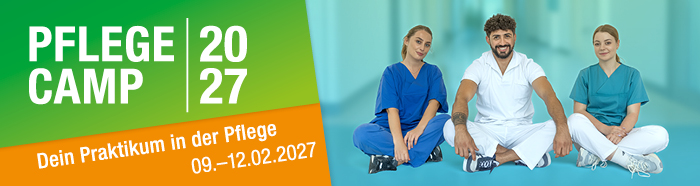 Titelbild Pflege Camp 2027 Titelbild Pflege Camp 2027 mit dem Text "Dein Praktikum in der Pflege, 09. – 12.02.2026"